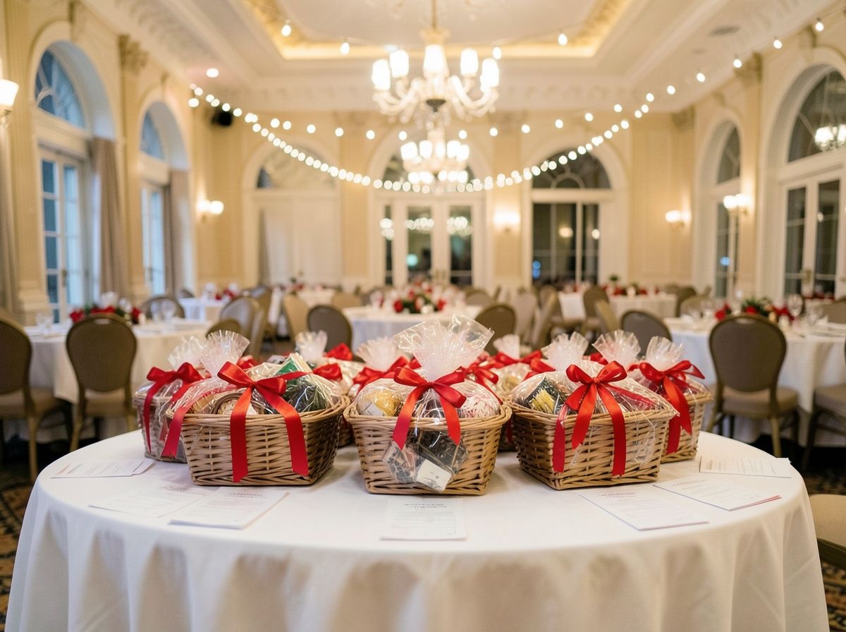 Silent auction gift baskets with red ribbons on a gala table